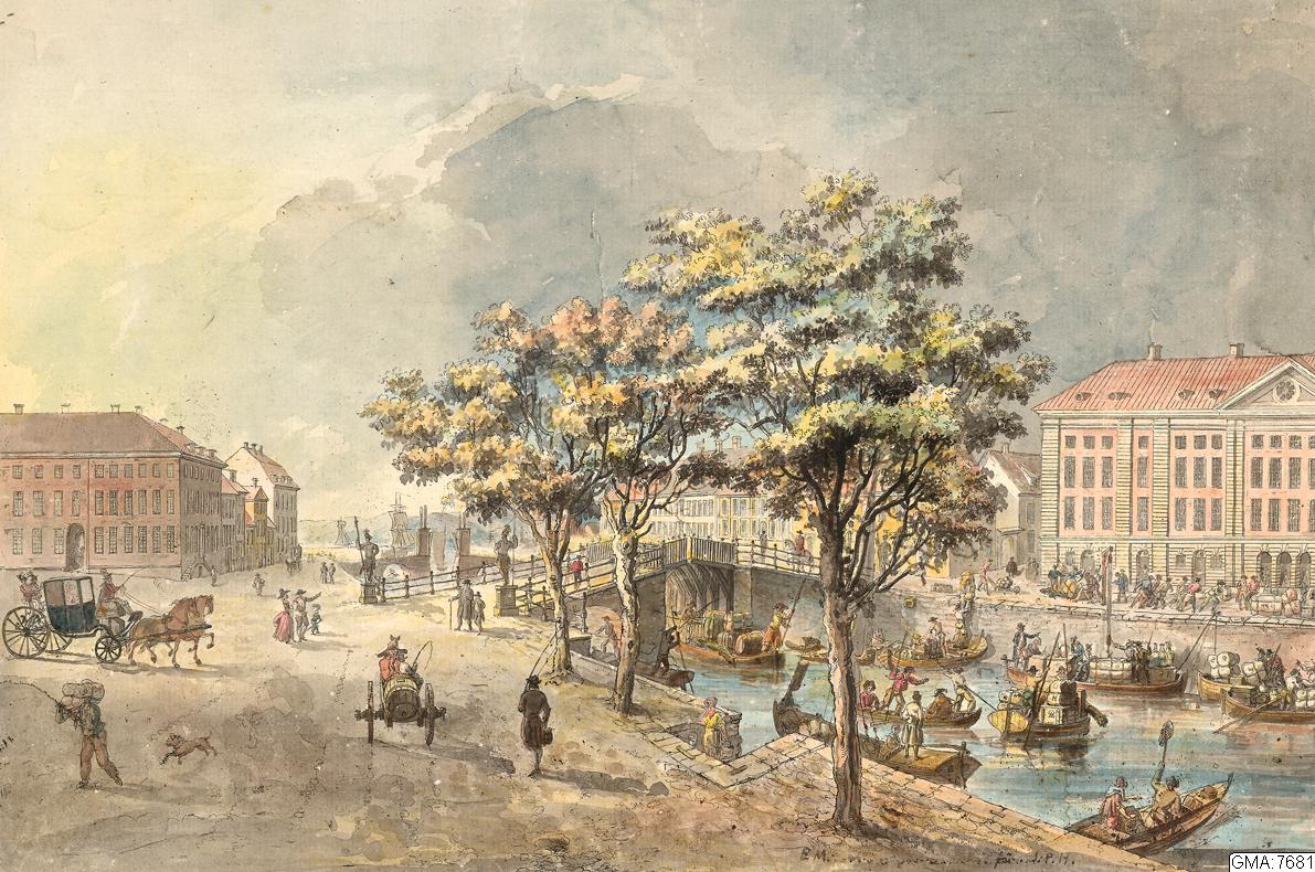 grafisk bild, bilder, akvarell, tavla, gravyr, Götheborg från Kämpebryggan